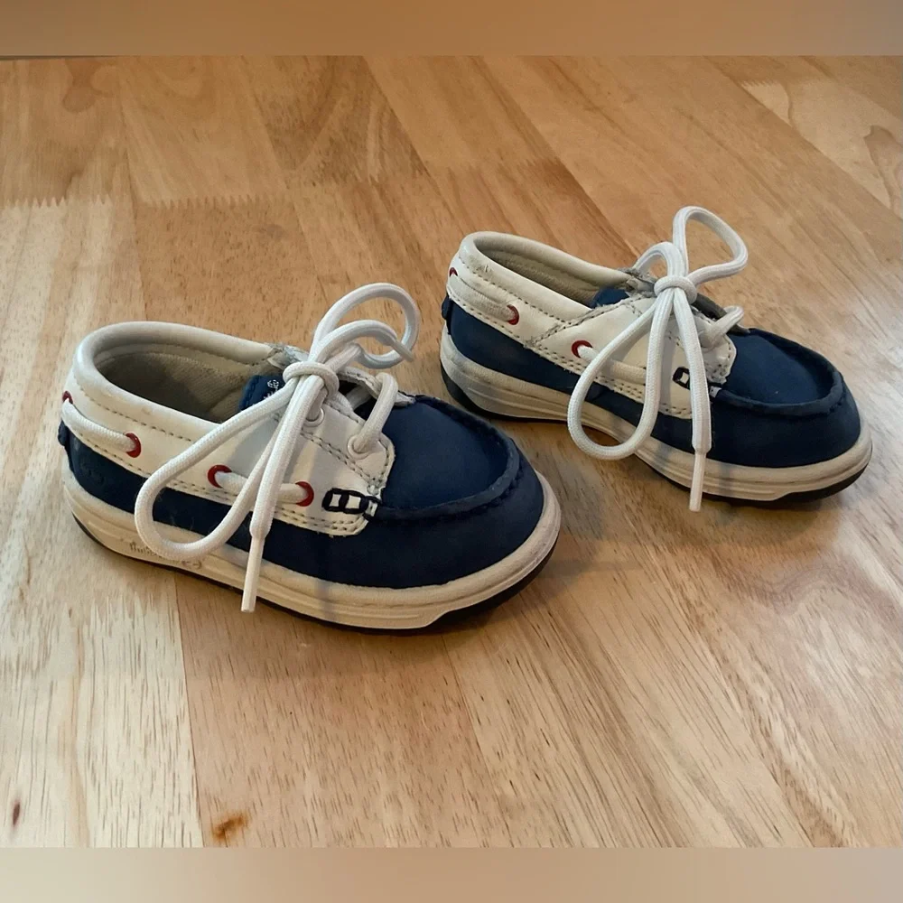 Timberland Baby Shoes Size 6 Blue White Red Lace Up Leather Boat Shoes Classic